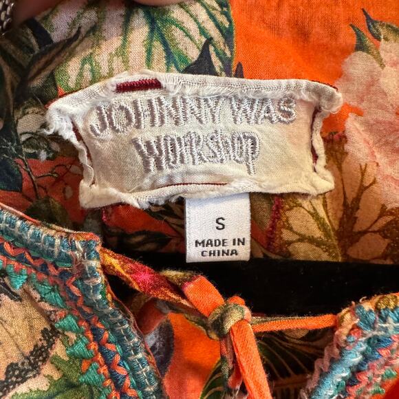 Johnny Was Workshop Top Orange Keyhole Neck Tasseled Floral Long Sleeve Sz S - Picture 2 of 5